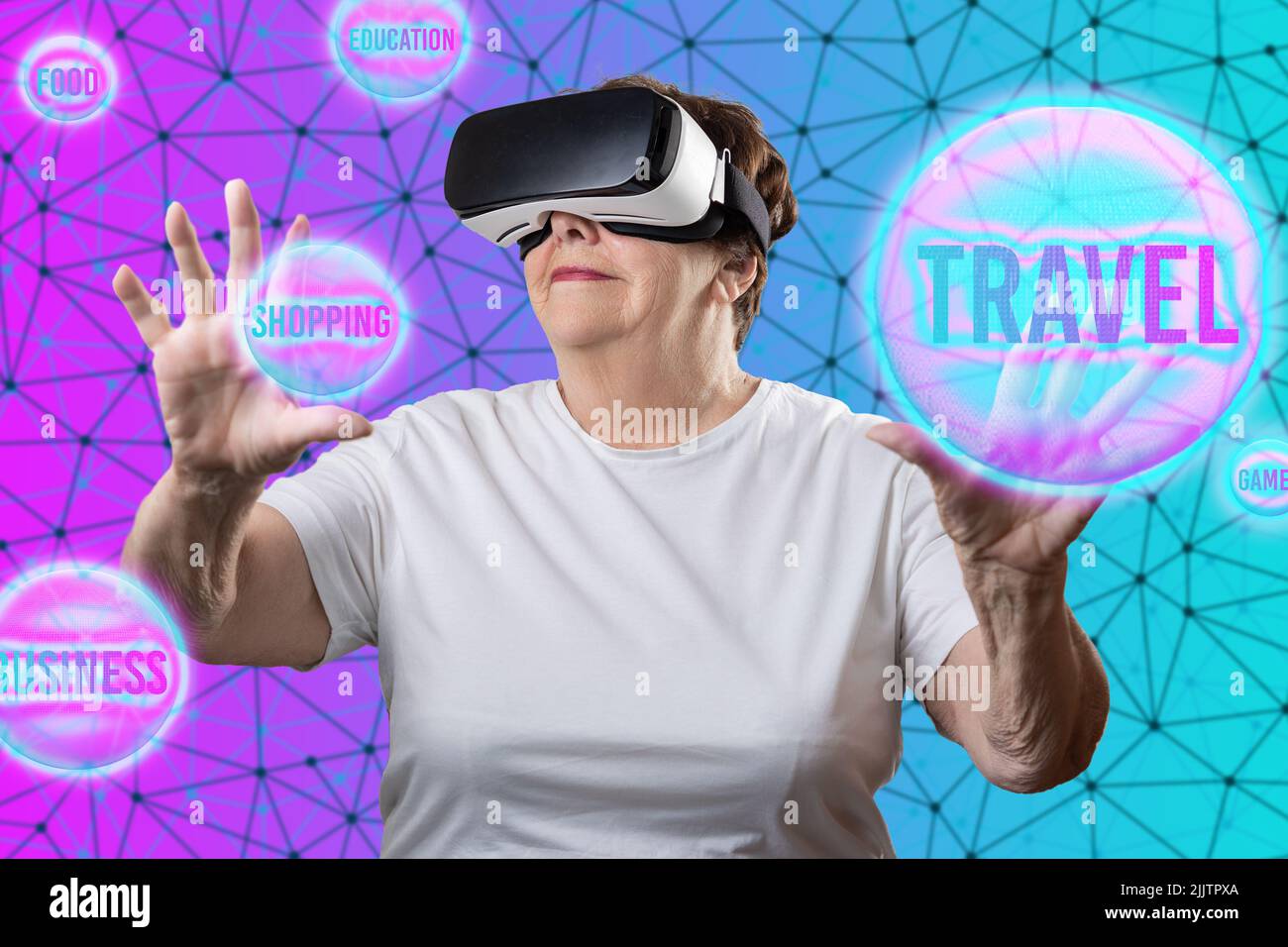 Digital Intertests Metaverse. Caucasian smiling elder woman in VR glasses choosing digital ...