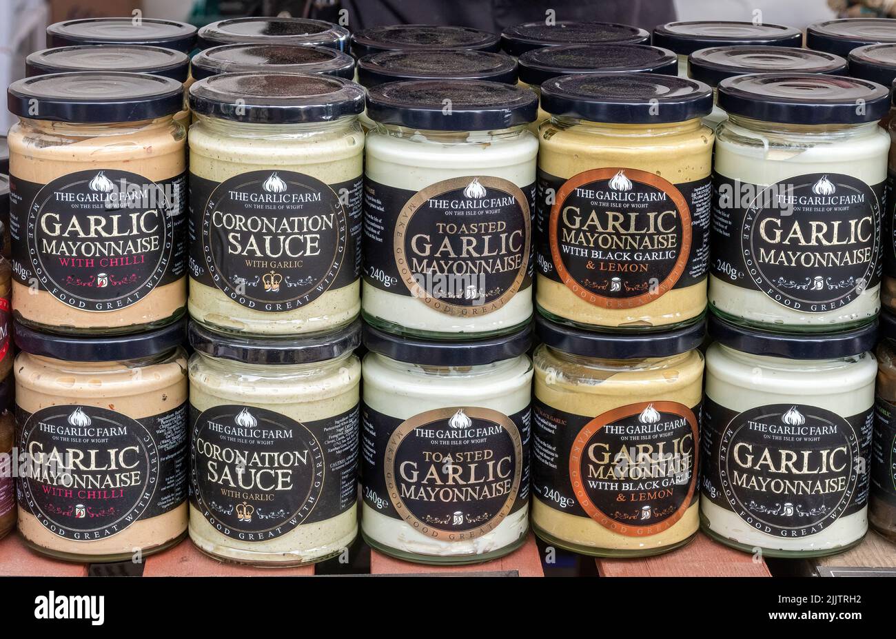 Jars of garlic products from the Garlic Farm on the Isle of Wight on a