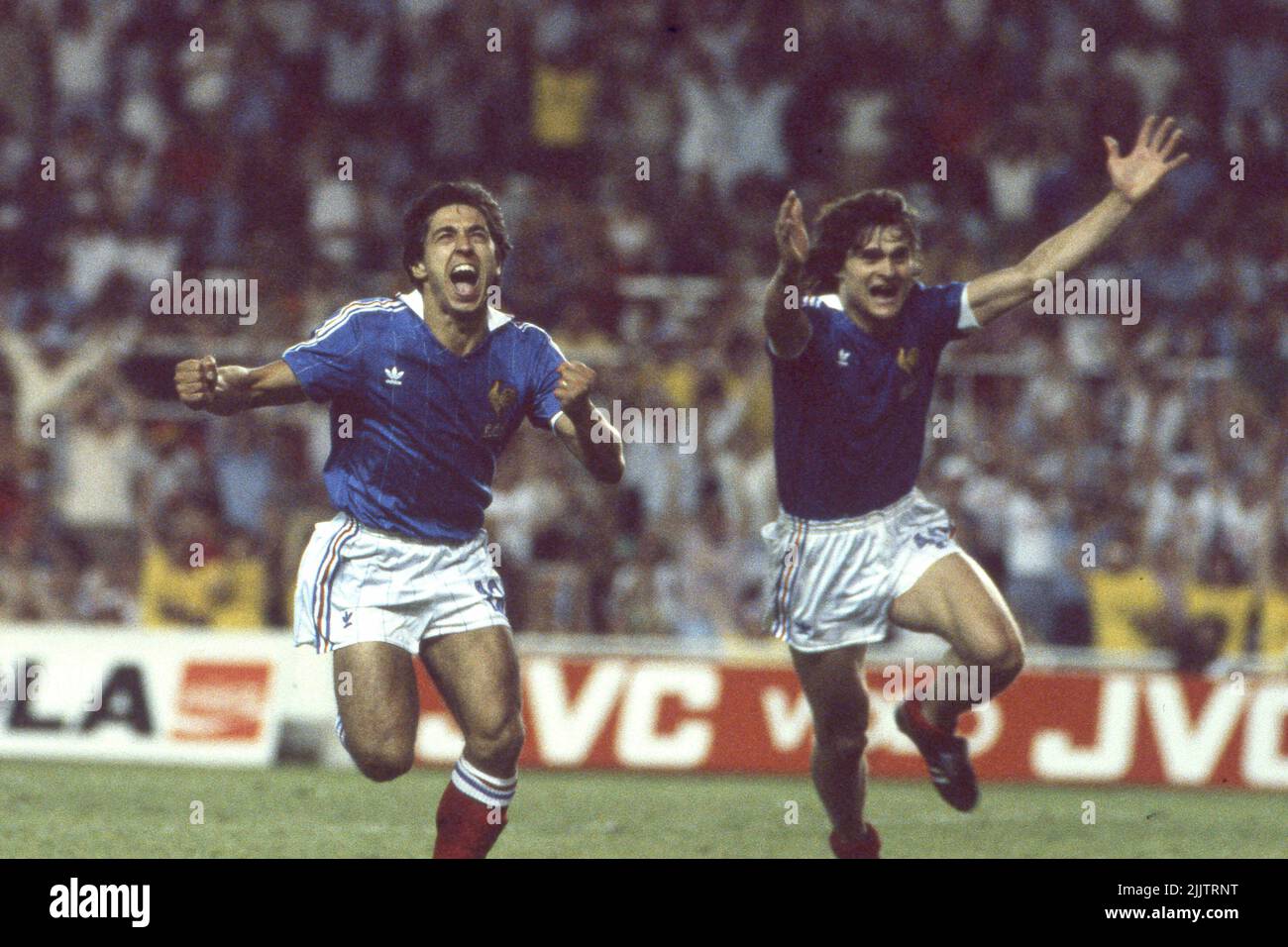 ARCHIVE PHOTO: Alain GIRESSE will be 70 years old on August 2nd, 2022, Alain GIRESSE and Dominique ROCHETEAU (both FRA) cheer, goaljubel, jubilation, cheer, joy, cheers, Soccer World Cup 1982 in Spain, semifinals, semifinals, Germany - France 8:7 penalties (3:3, 5:4) Football World Cup 1982 in Spain, semifinals, ? Stock Photo