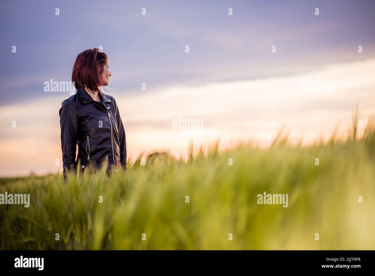 The young woman in a leather jacket standing in the green field looking to the left. Stock Photo