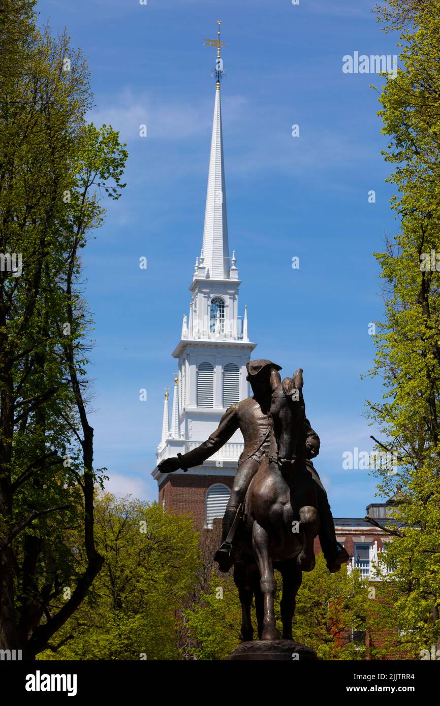 Equestrian statue of Paul Revere with Old North Church in the