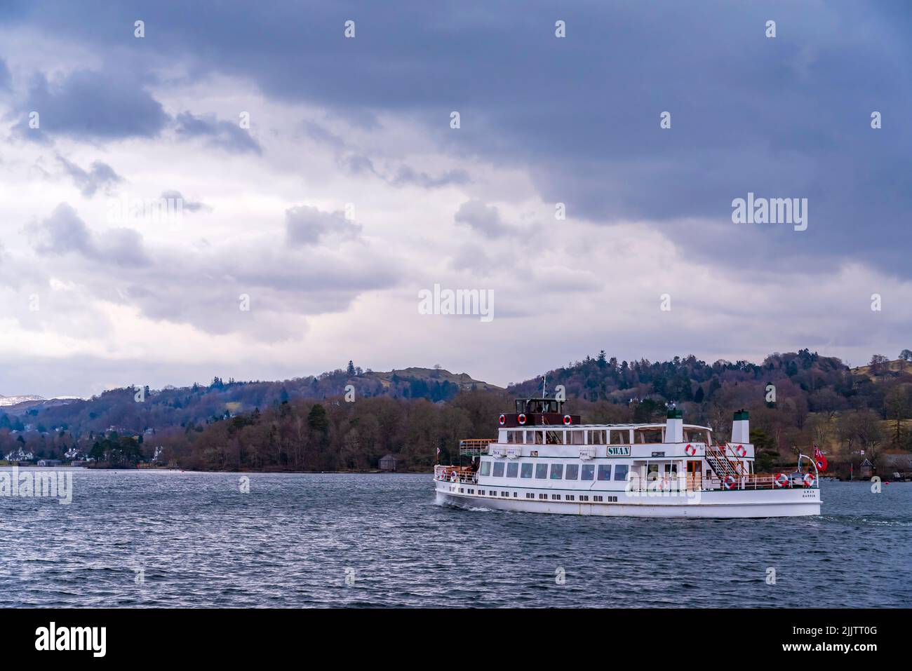 Lake Windermere steamer the Swan on a rainy day. Stock Photo