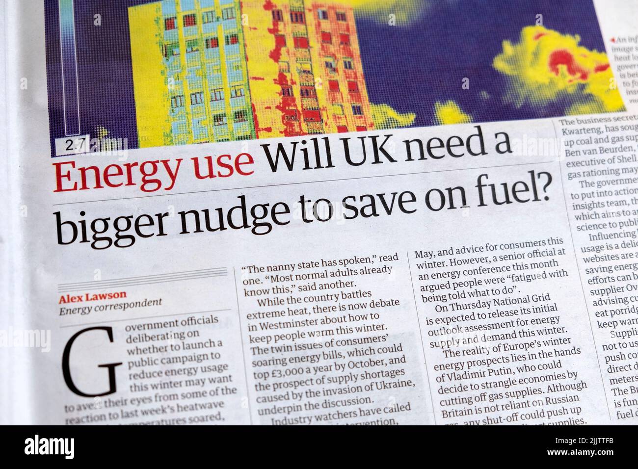 'Energy use Will UK need a bigger nudge to save on fuel?' Guardian newspaper headline cost of living crisis article 25 July 2022 in London England UK Stock Photo