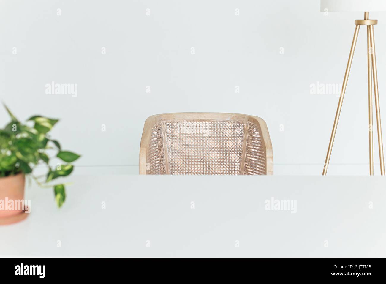 An atmospheric cozy shot of office interior with chair, plant and lamp in minimalistic setting Stock Photo
