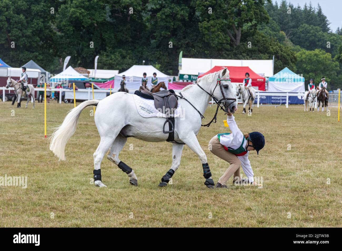 New Forest and Hampshire County Show in July 2022, England, UK. Pony Club mounted games display in the arena. Stock Photo