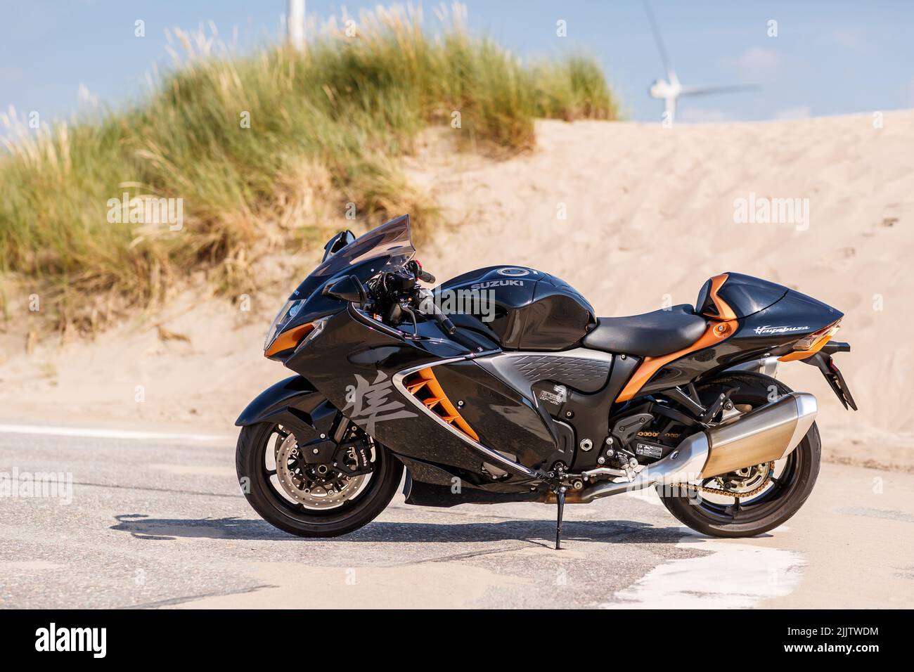A Suzuki Hayabusa motorcycle parked in Maasvlaktestrand beach in the Netherlands Stock Photo