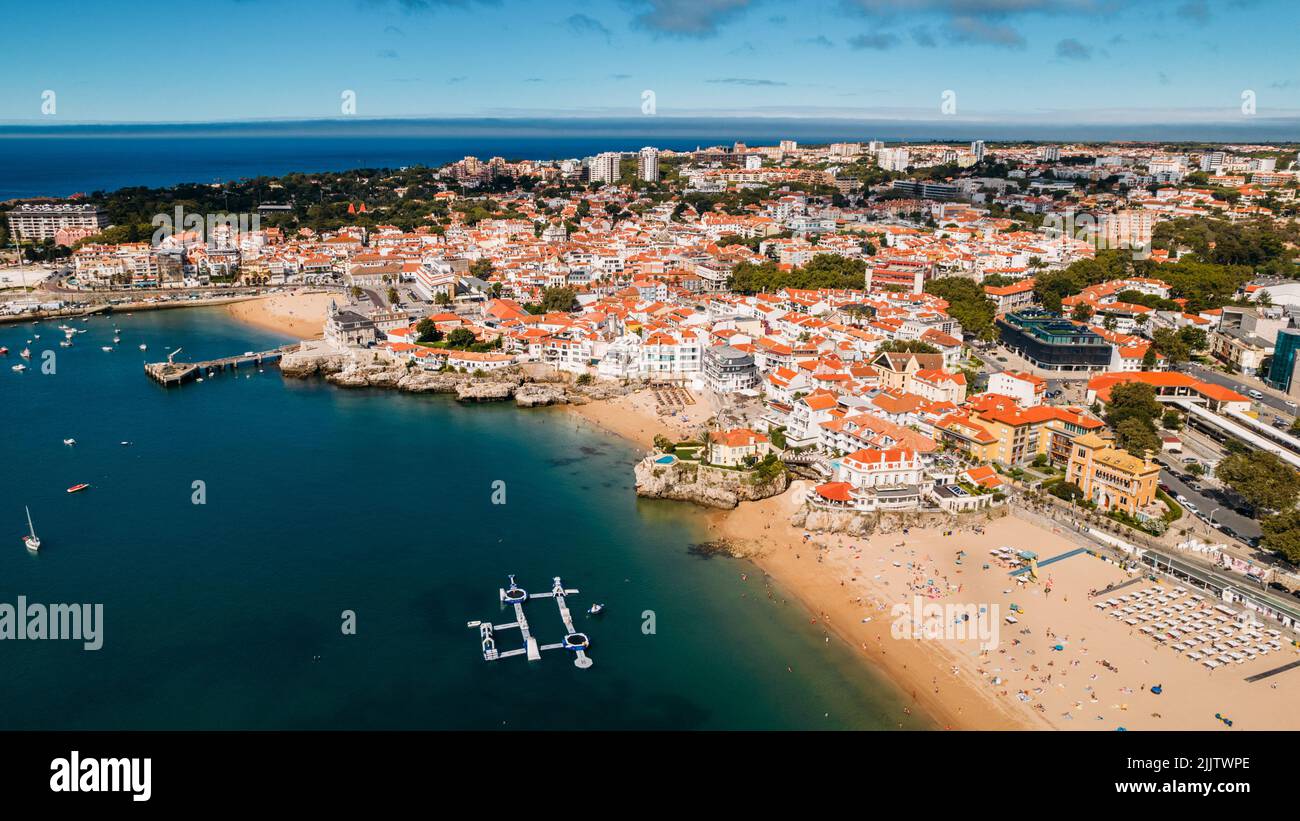Aerial view of Conceicao and Duquesa beaches in Cascais, Portugal during a summer day Stock Photo