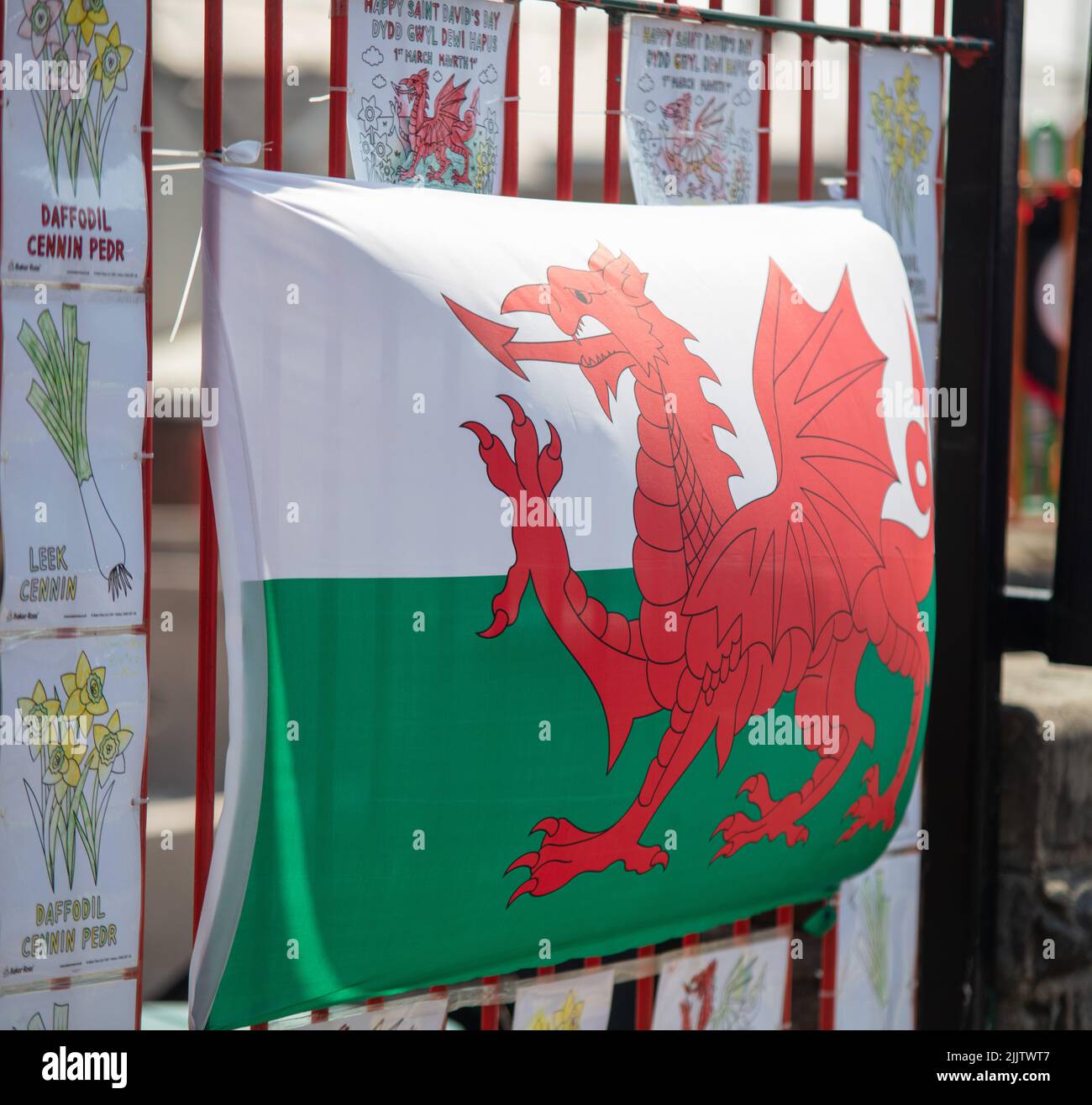 A closeup of the Flag of Wales on a red fence Stock Photo