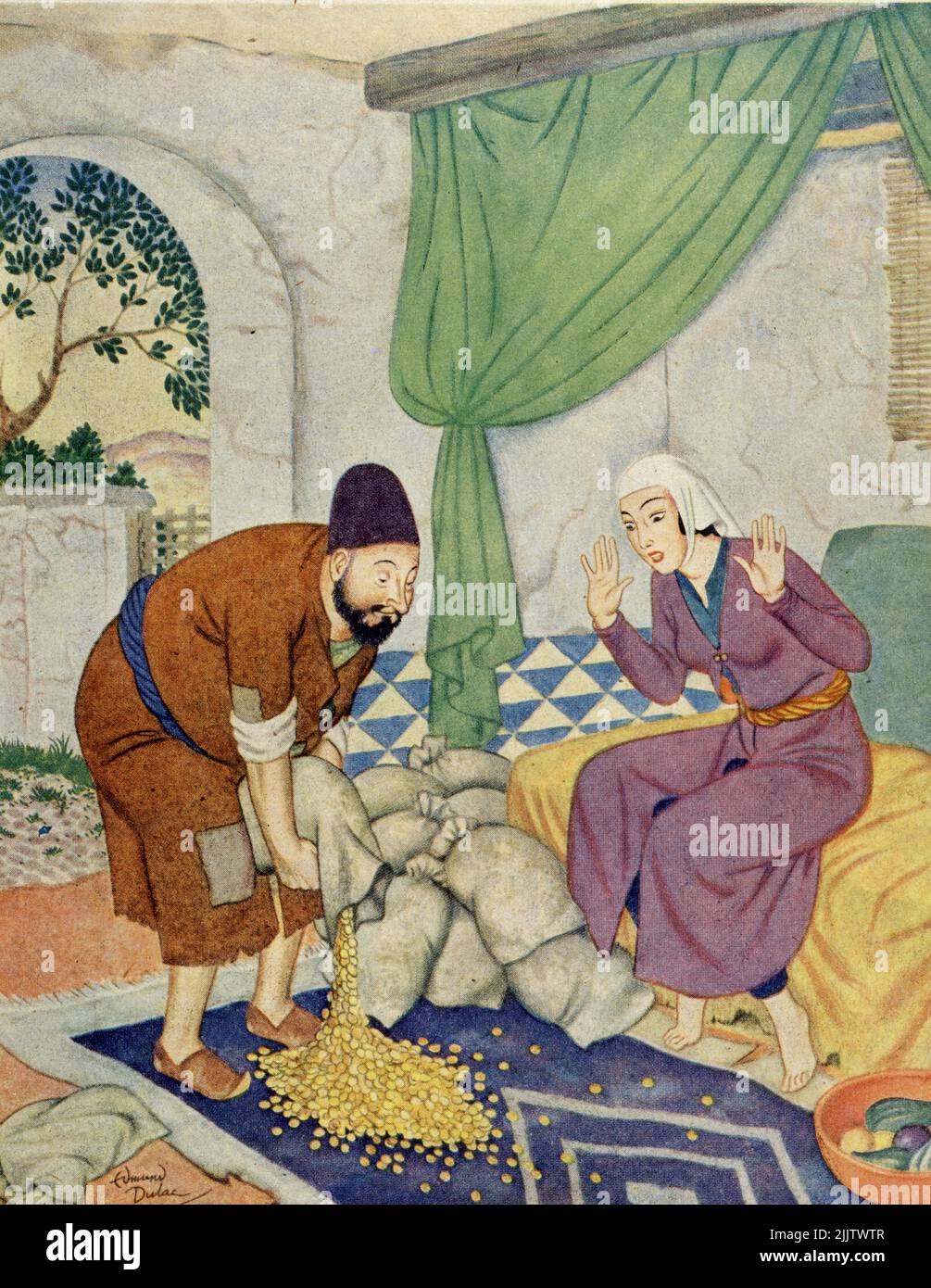 'Ali Baba dumps bags of gold before his amazed wife' published on January 28,1951 in the American Weekly Sunday magazine painted by Edmund Dulac. Stock Photo