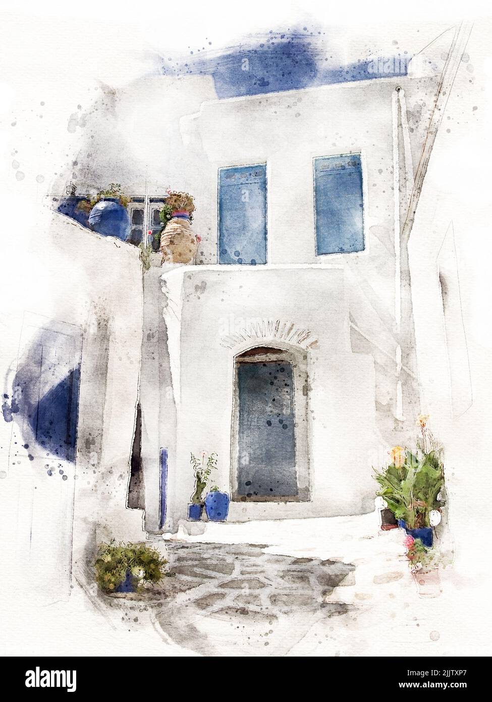 Traditional Greek village of whitewashed houses with blue windows and doors. Digital watercolour. Stock Photo