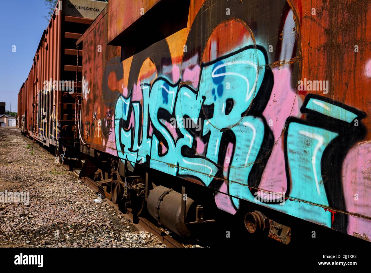 A view of a caboose sitting outside of downtown Hastings, MN Stock Photo