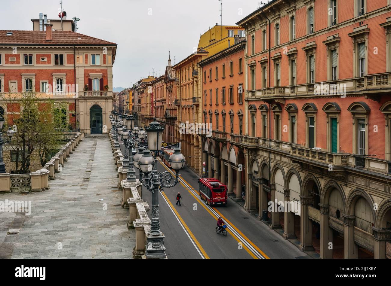 The view to the street with a traffic in Bologna Stock Photo