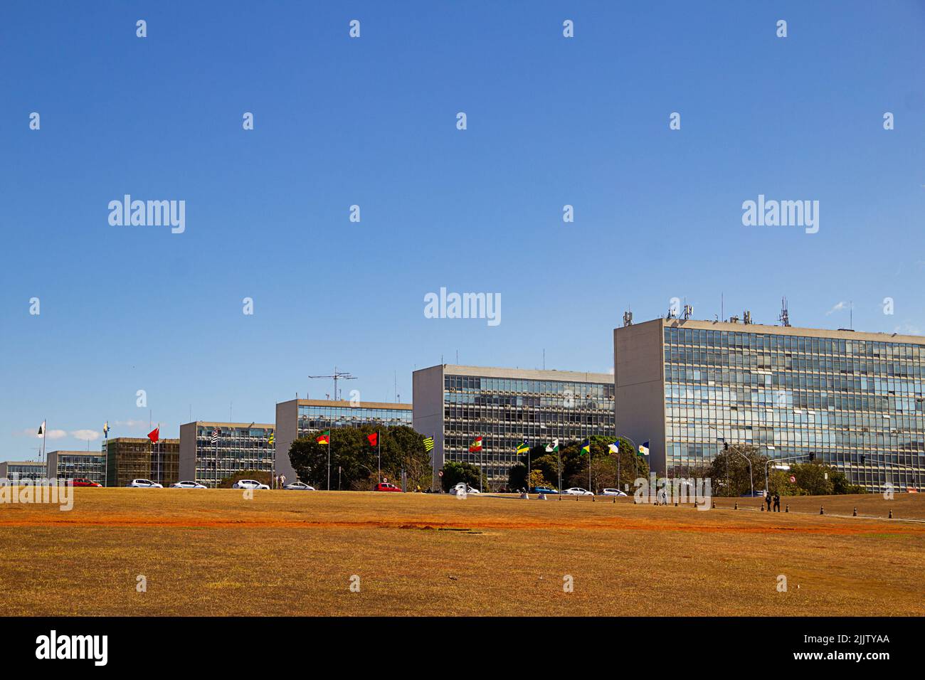 Brasília, Federal District, Brazil – July 23, 2022: Panoramic photo of the Esplanade of Ministries in Brasília. Cityscape with buildings in clear day. Stock Photo