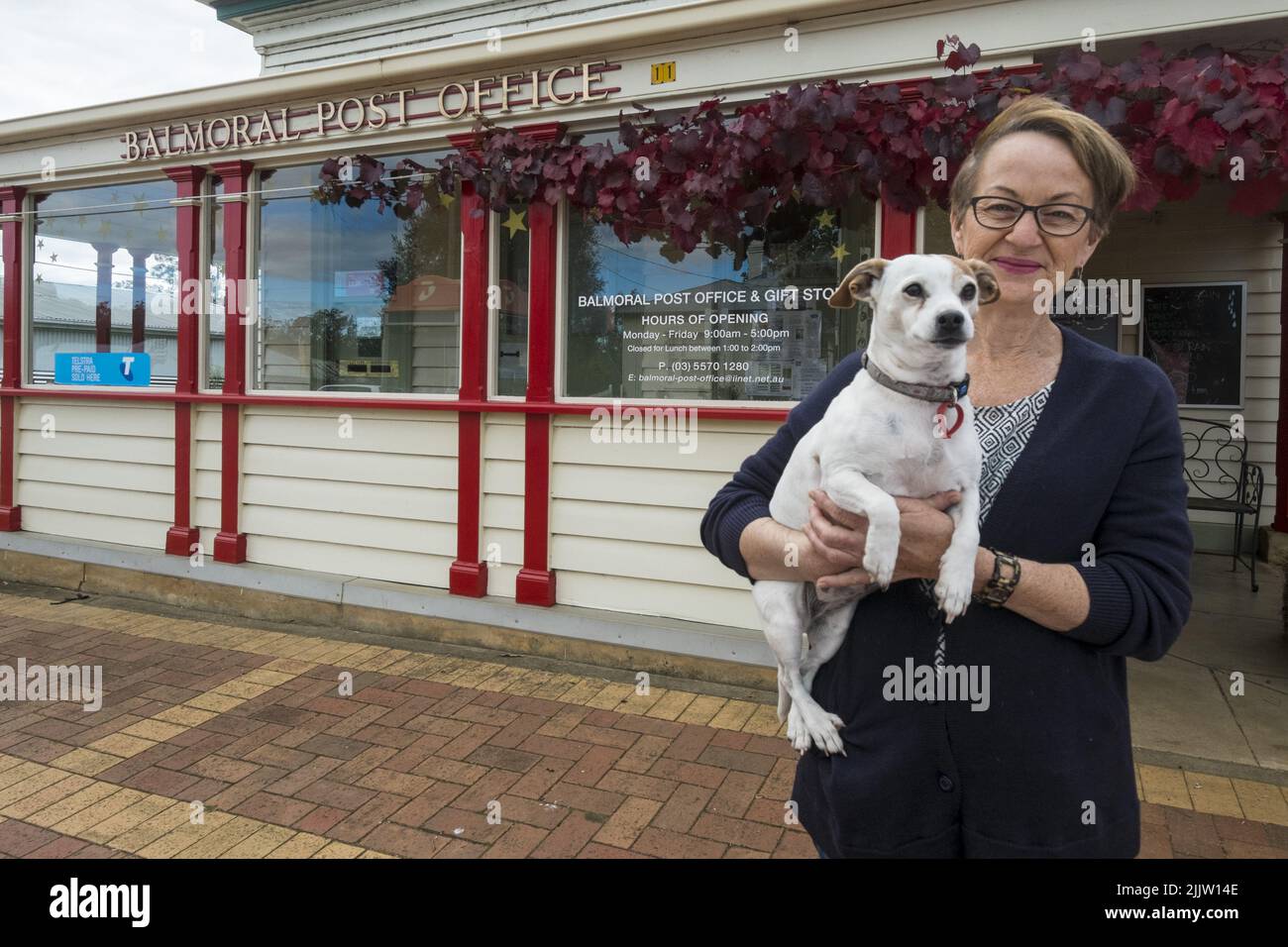 Clare Ryan, postmistress/postmaster of the small country post office in Balmoral in Western Victoria. Clare is a lifestyle changer who left a busy career in Sydney to find a quiter life in the country. She is an active member of her rural community. Stock Photo