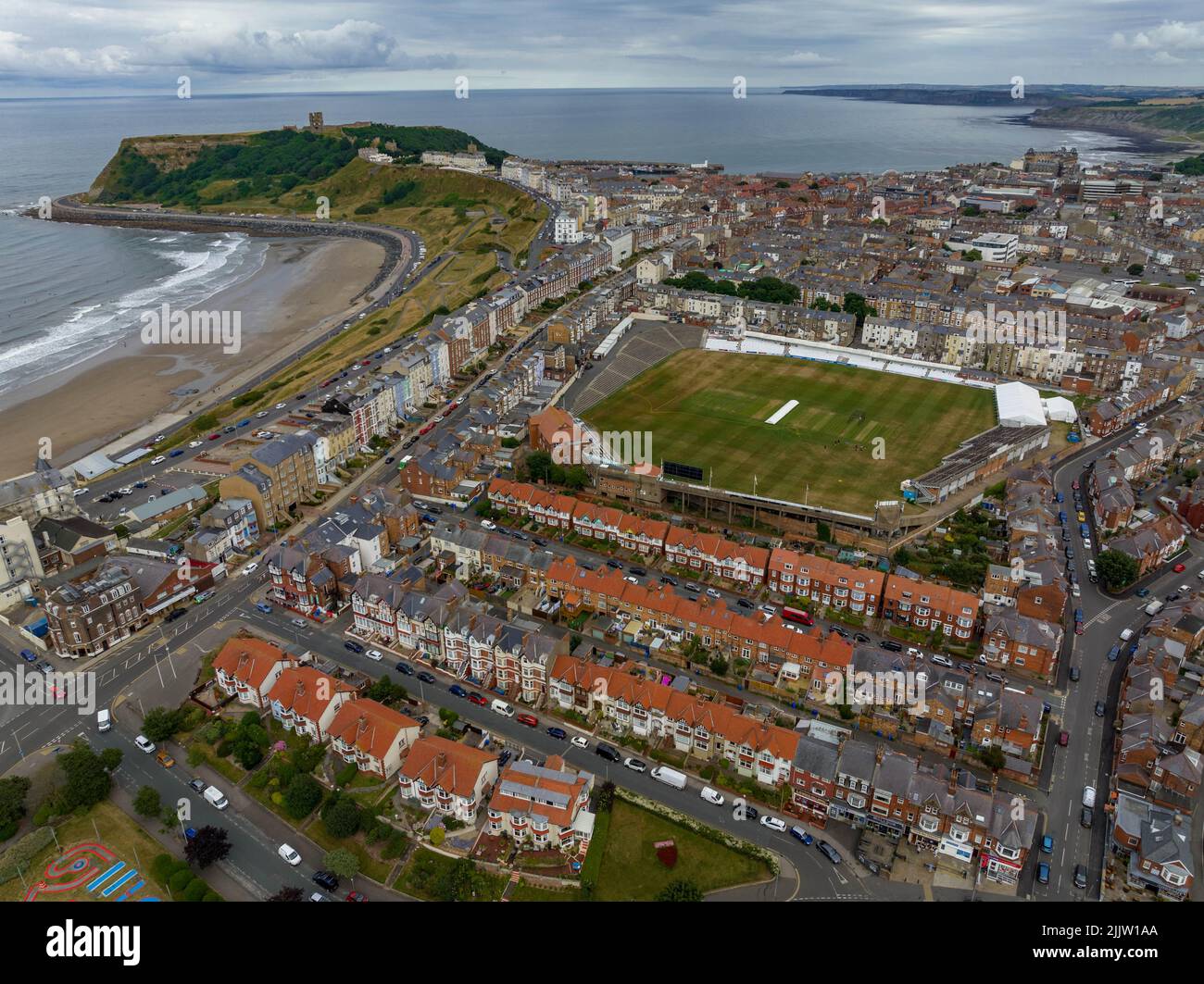 Scarborough Cricket Club Aerial Drone Seaside Castle Birds Eye View From the Air North Yorkshire Coast Stock Photo