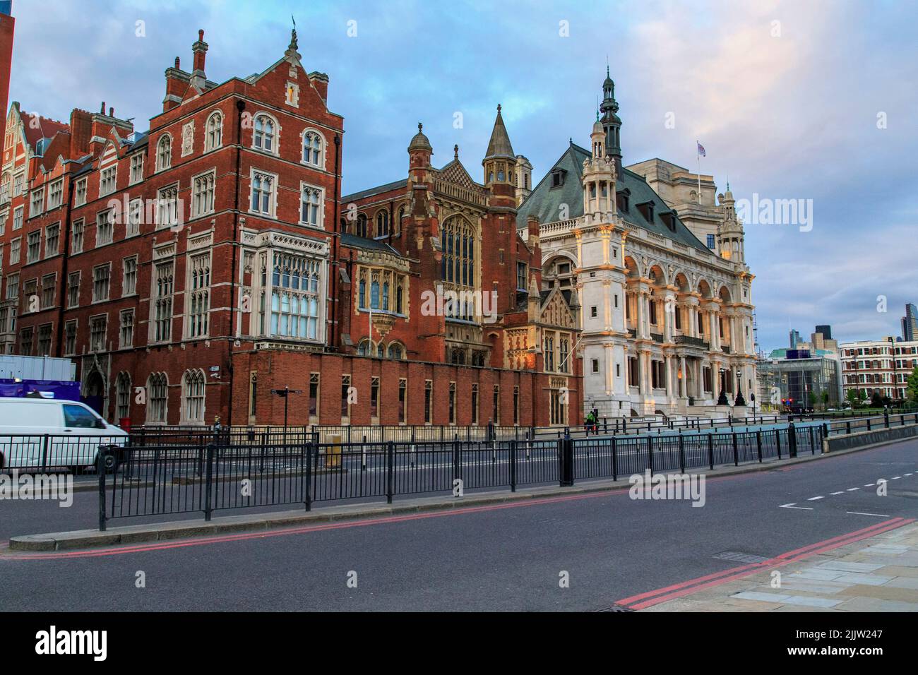 LONDON, GREAT BRITAIN - MAY 11, 2014: These are houses of the Vitorian neo-Gothic style on the Victoria Embankment. Stock Photo