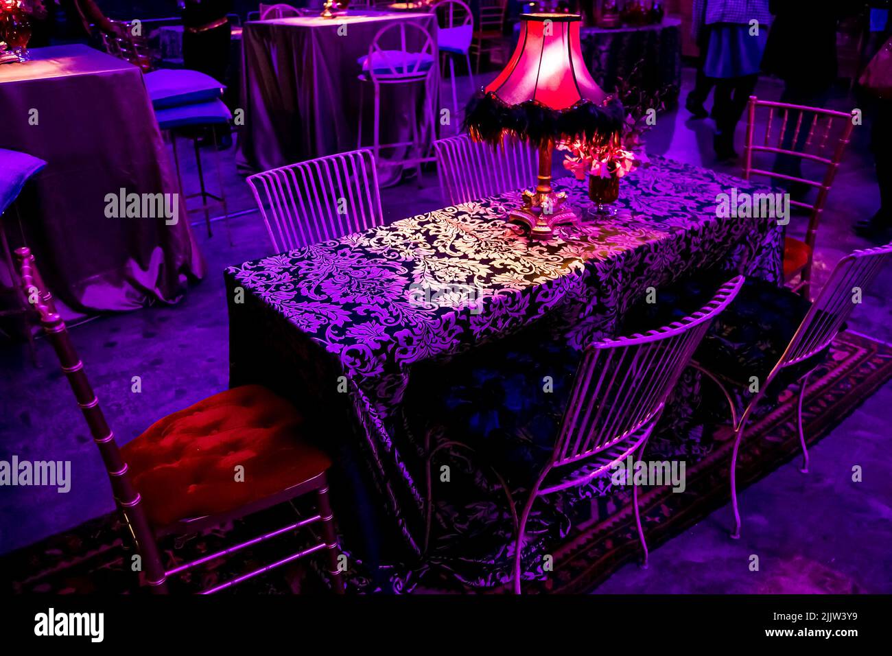 The Purple themed decor in the venue for the party event, at a large