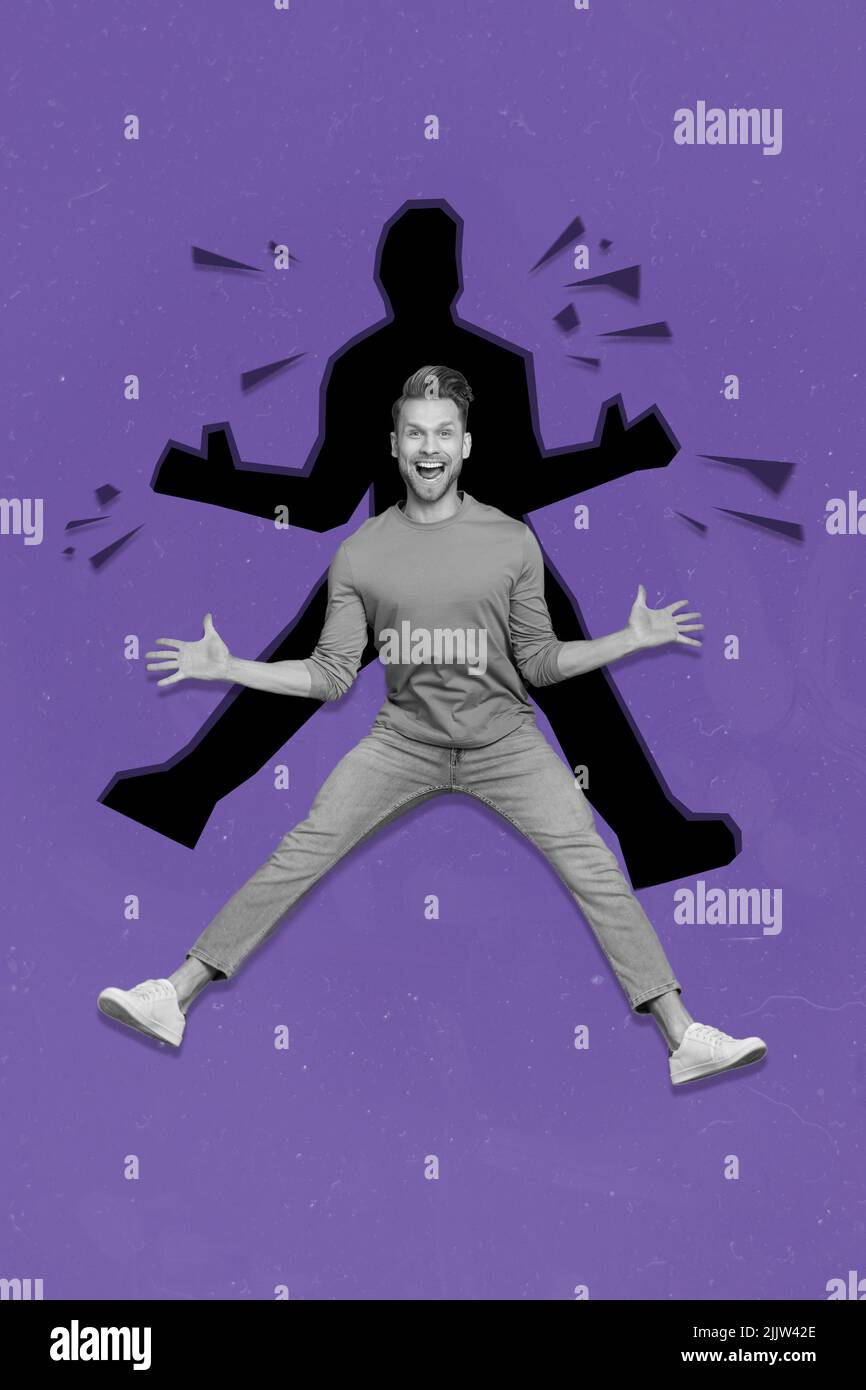 Vertical collage picture of excited cheerful guy black white colors ...