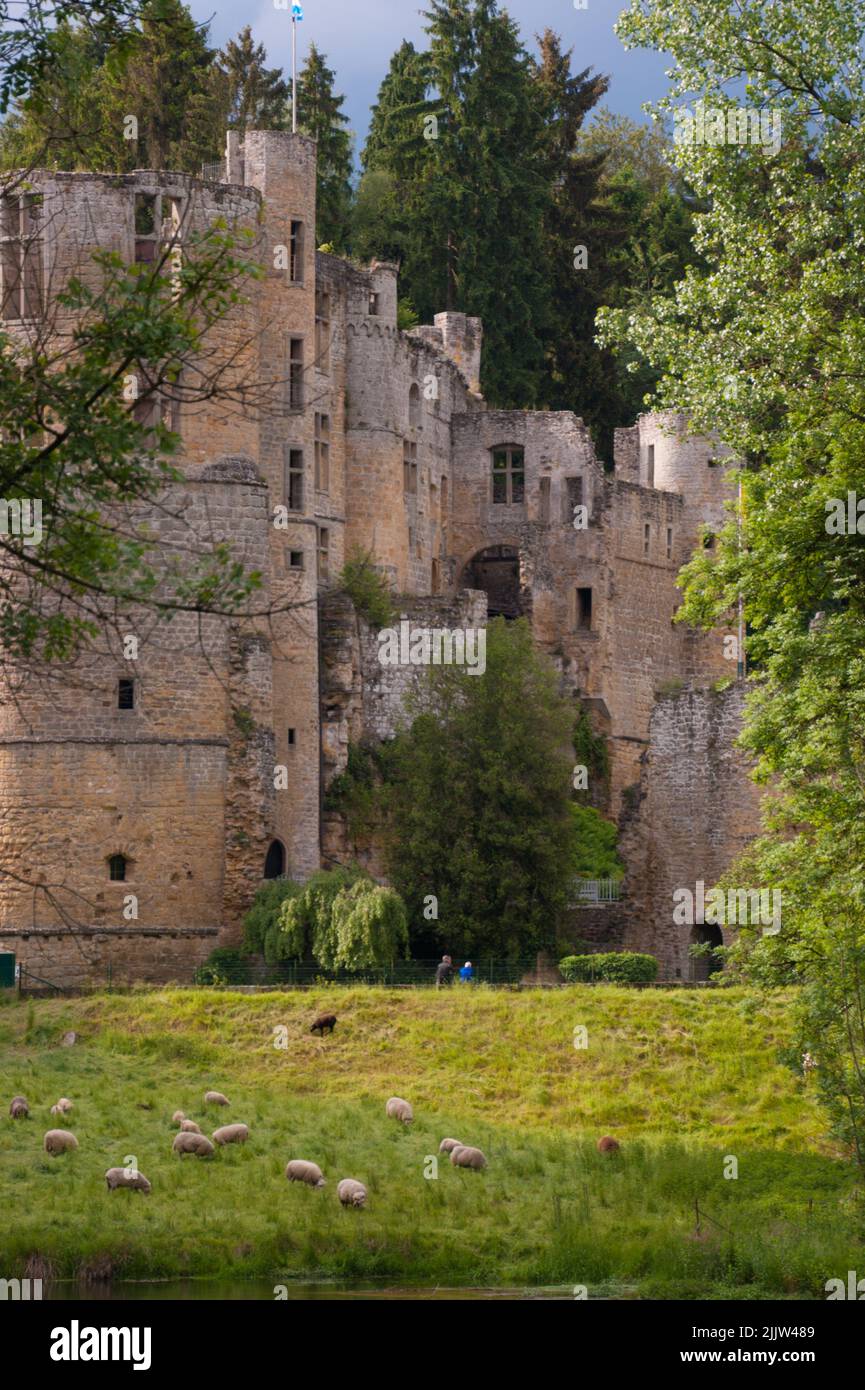 A vertical shot of the well-preserved Castle Beaufort in Luxembourg Stock Photo