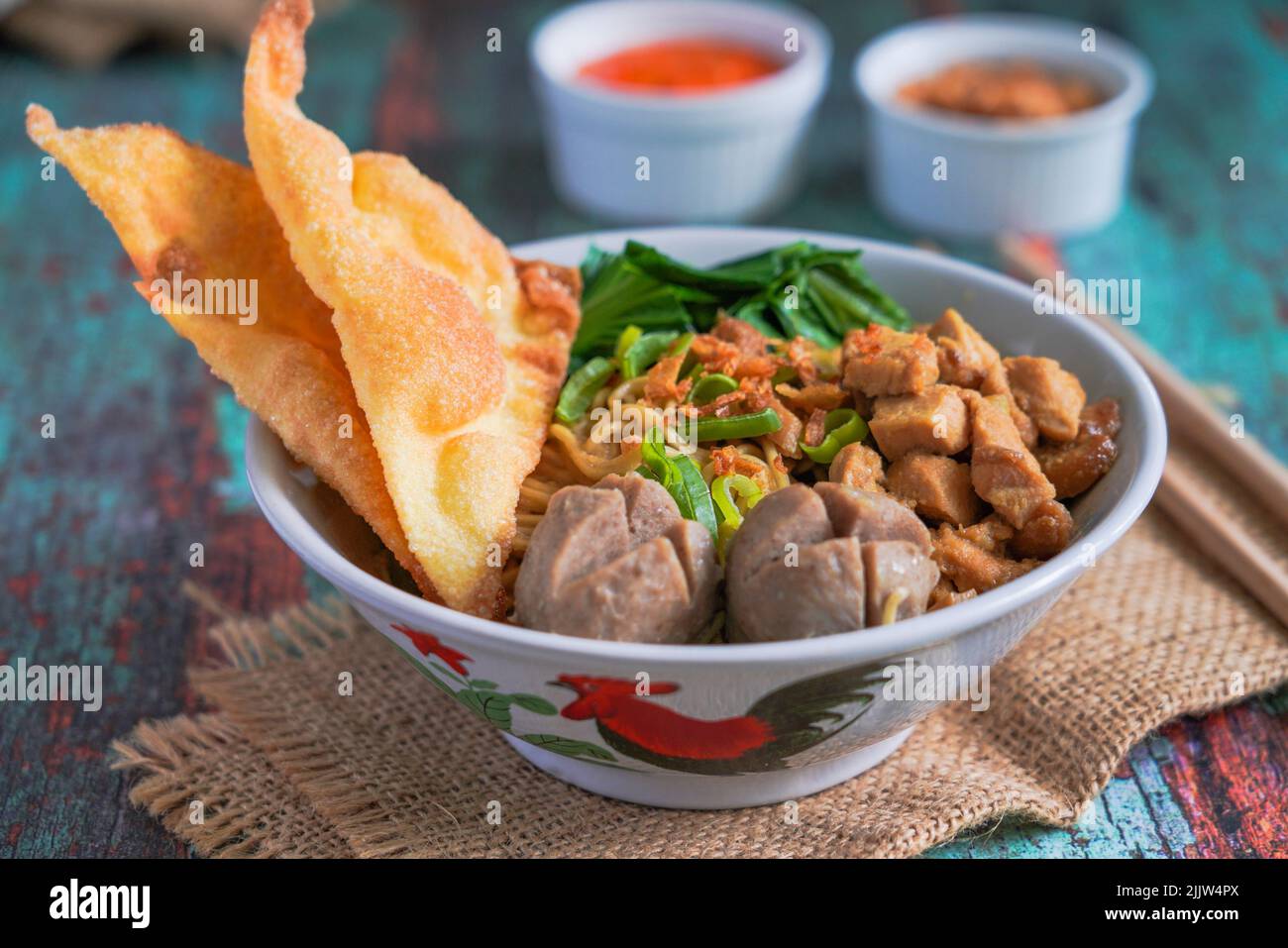 Indonesian Street Food Mie Ayam Bakso Noodles With Chicken And Served