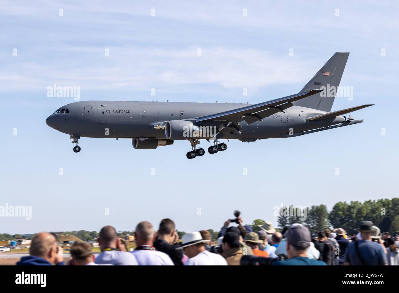 United States Air Force Boeing KC-46A Pegasus aerial refueling and strategic military transport aircraft landing at RAF Fairford Stock Photo