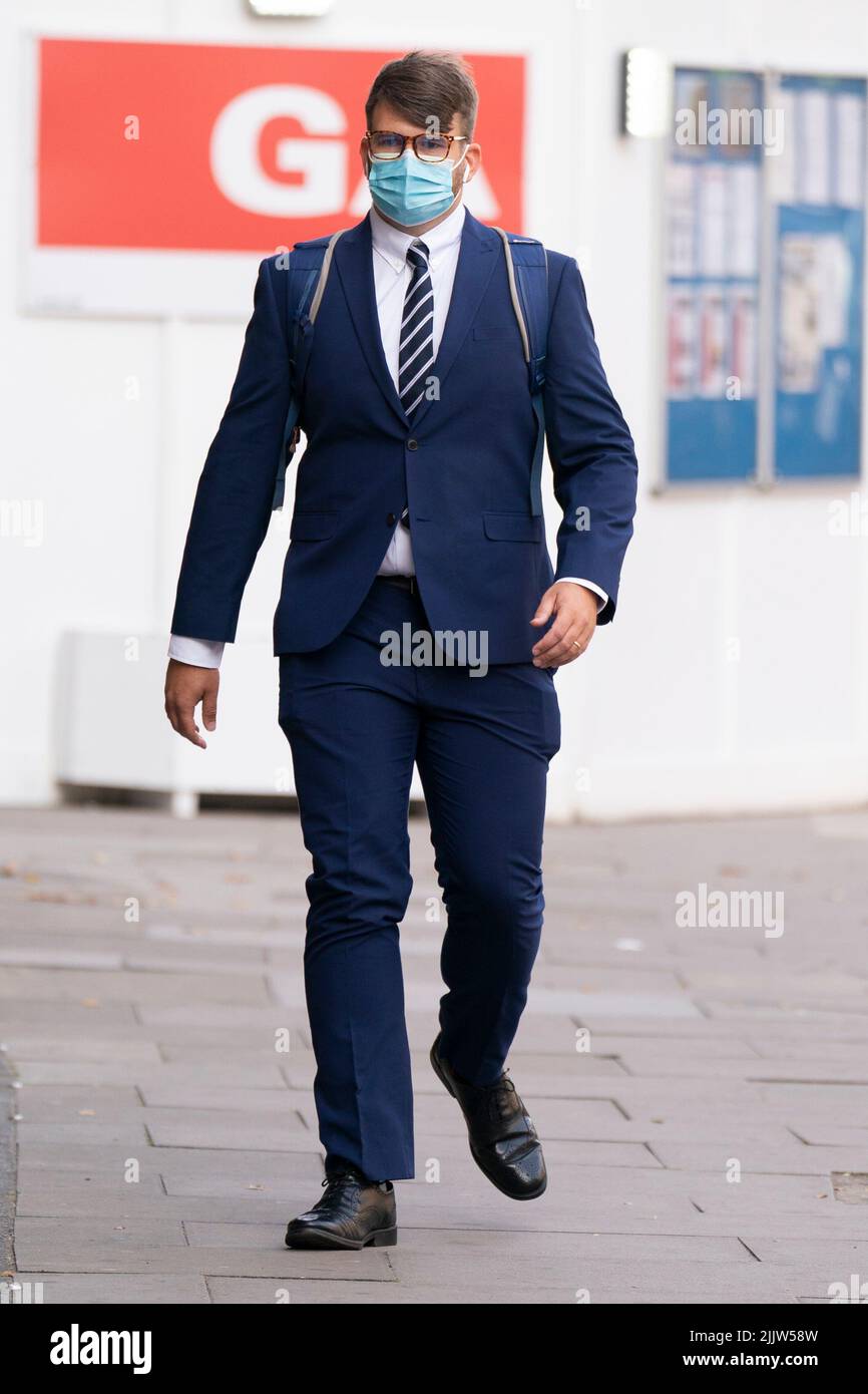 Serving Metropolitan Police Pc William Neville arriving at Westminster Magistrates' Court, London, where he is charged with sharing 'grossly offensive' WhatsApp messages with Sarah Everard murderer Wayne Couzens. Picture date: Thursday July 28, 2022. Stock Photo