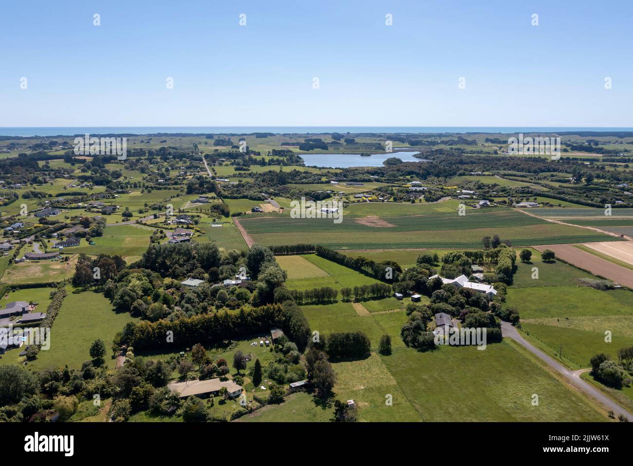 Aerial shot of Ohau village in Horowhenua, New Zealand fertile farmland