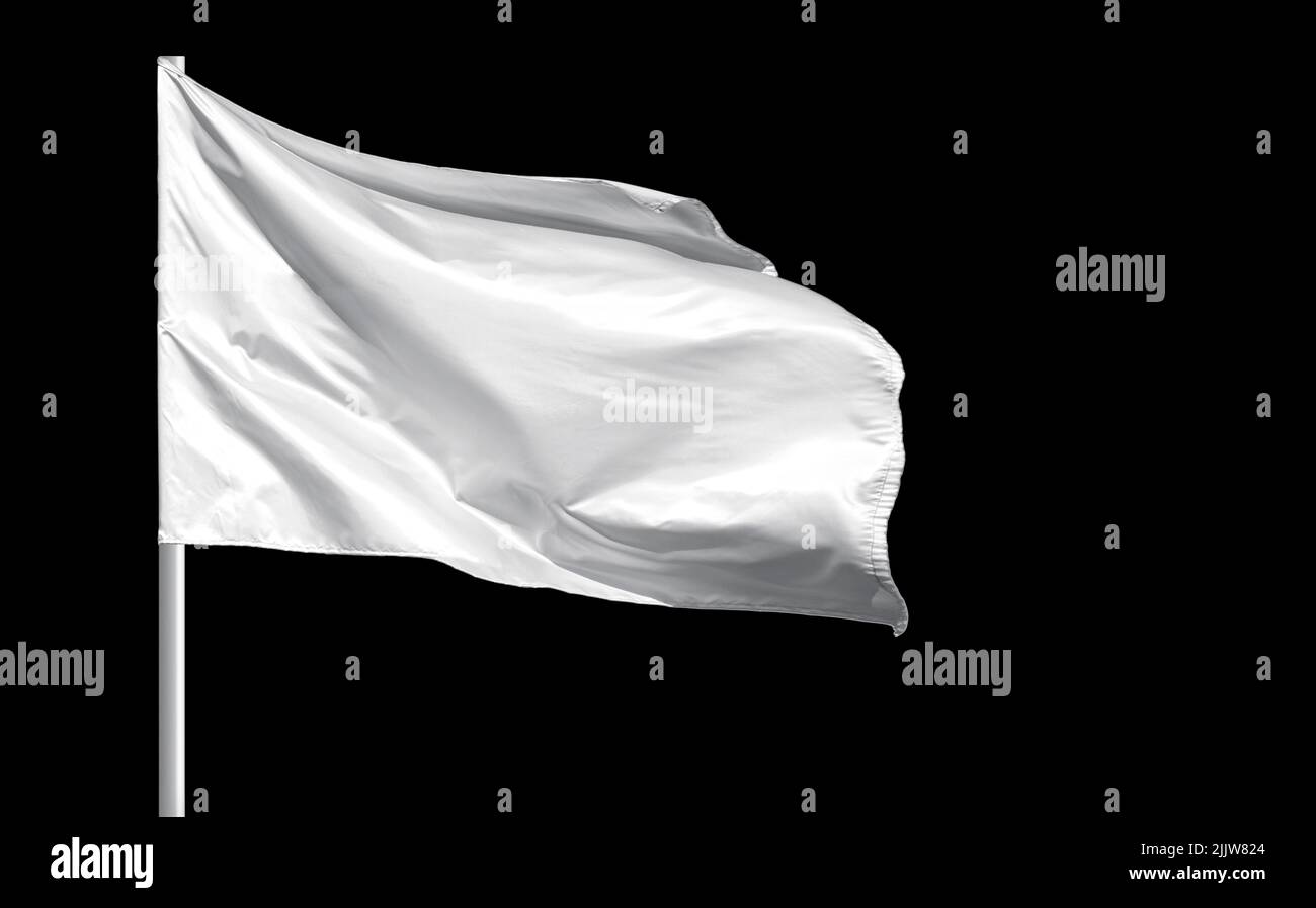 Fluttering blank white flag on flagpole isolated on black background Stock Photo
