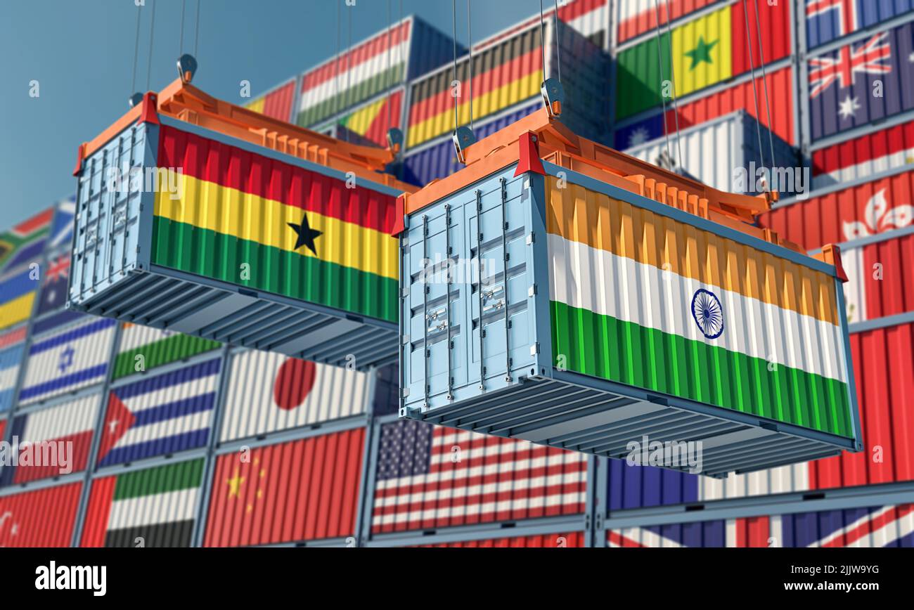 Cargo containers with India and Ghana national flags. 3D Rendering ...