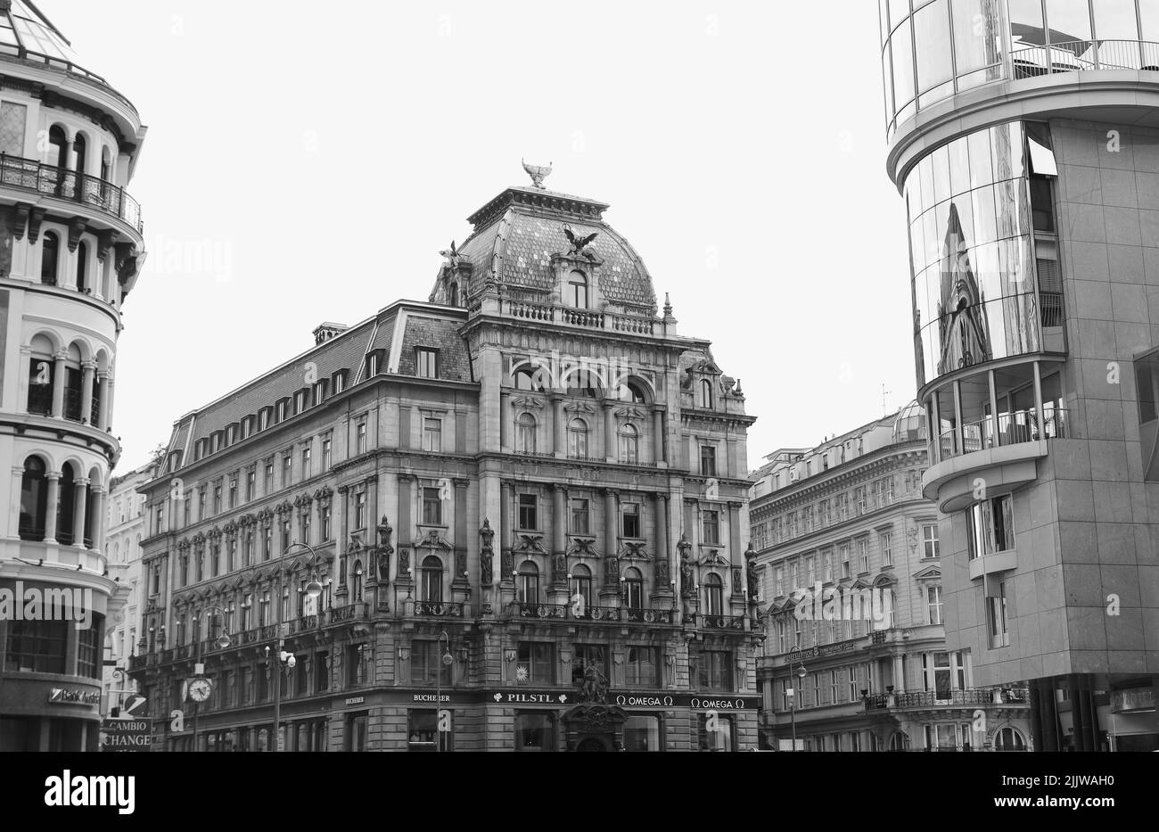 A grayscale shot of Haas Haus building in Vienna, Austria Stock Photo
