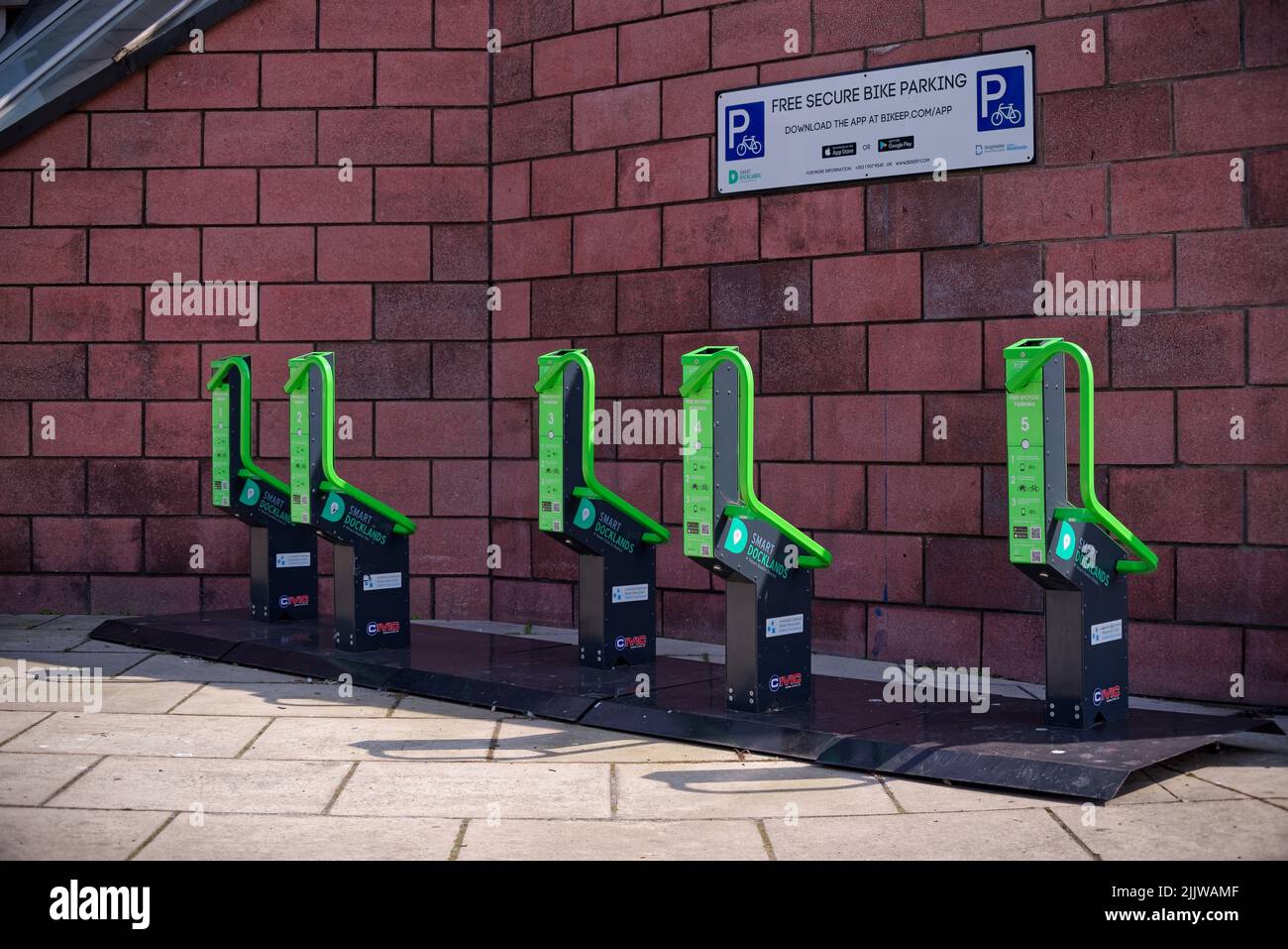 Modern Bikeep station localized in Dublin Docklands. Free secure bike