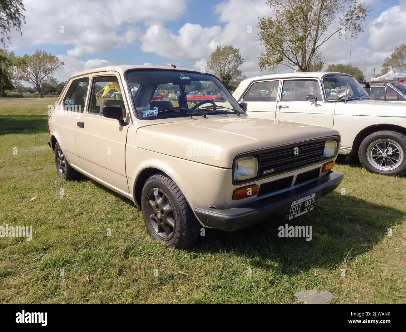 Old beige Fiat 147 three door hatchback 1981 in the countryside. Sunny day. Nature, grass, trees. Classic car show. Stock Photo