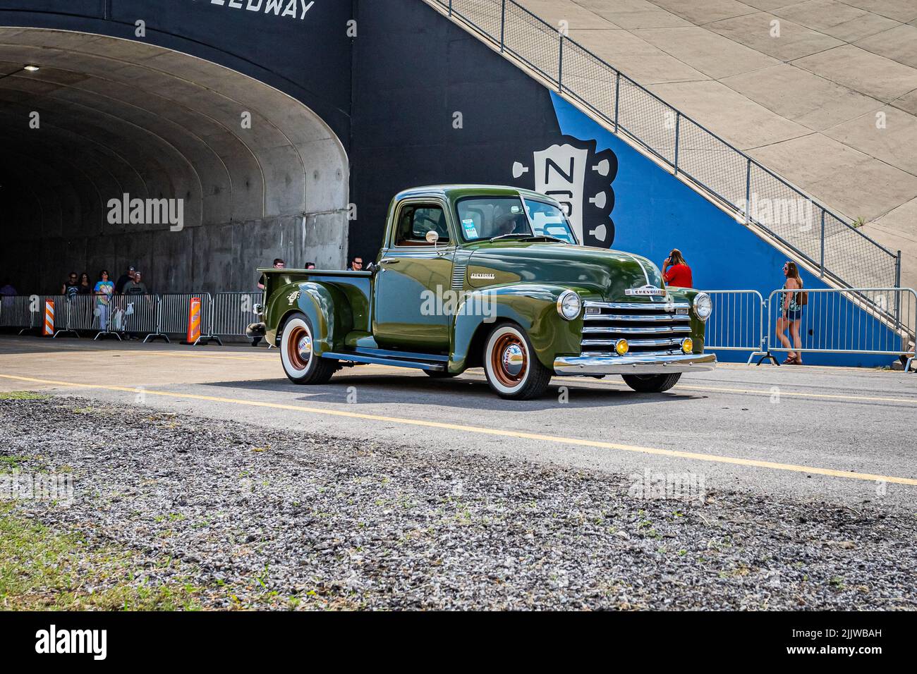 Lebanon, TN - May 14, 2022: Wide angle front corner view of a 1949 Chevrolet 3100 Pickup Truck at a local car show. Stock Photo