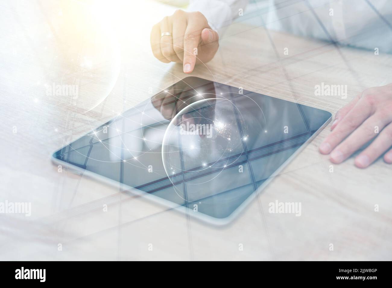 Engineer or businesswoman using tablet pc on the internet technology background. Stock Photo