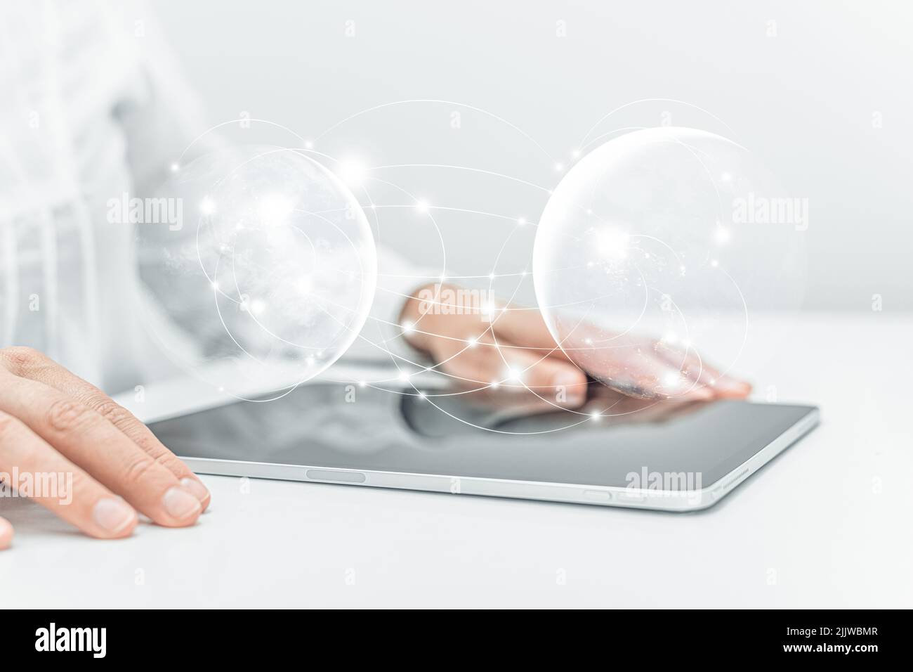 Engineer or businesswoman using tablet pc on the internet technology background. Stock Photo