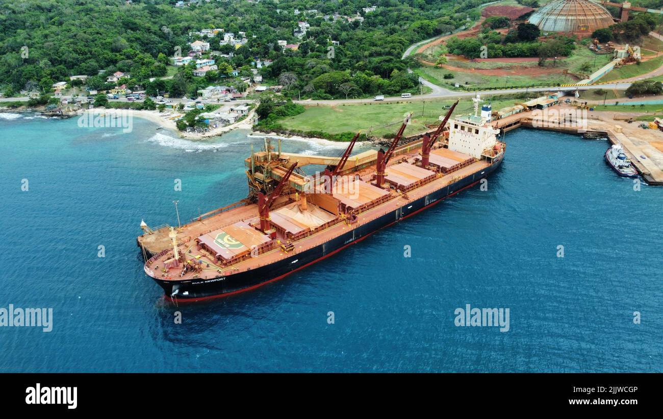 A bird's eye view of a liner moored at a harbor of Jamaica Stock Photo