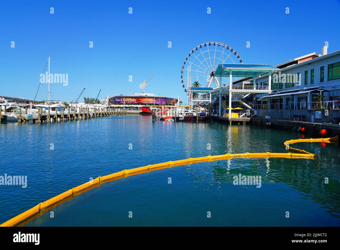 MIAMI, FL -18 MAY 2022- View of the Skyviews Miami Observation Wheel, a Ferris Wheel located in the Bayside Marketplace in Miami, Florida, over the Bi Stock Photo