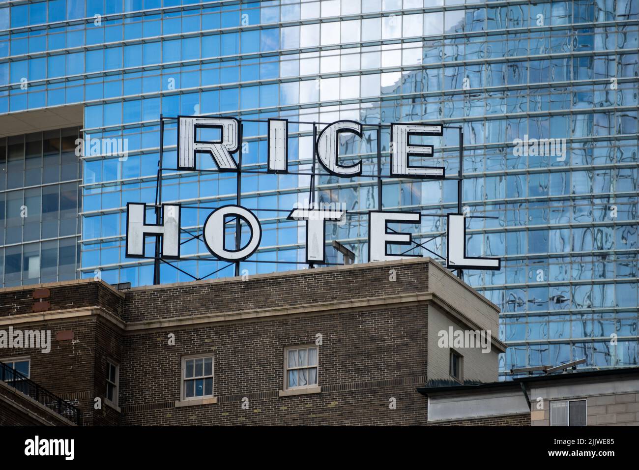 A Rooftop sign for the Rice Hotel in downtown Houston, TX Stock Photo Alamy