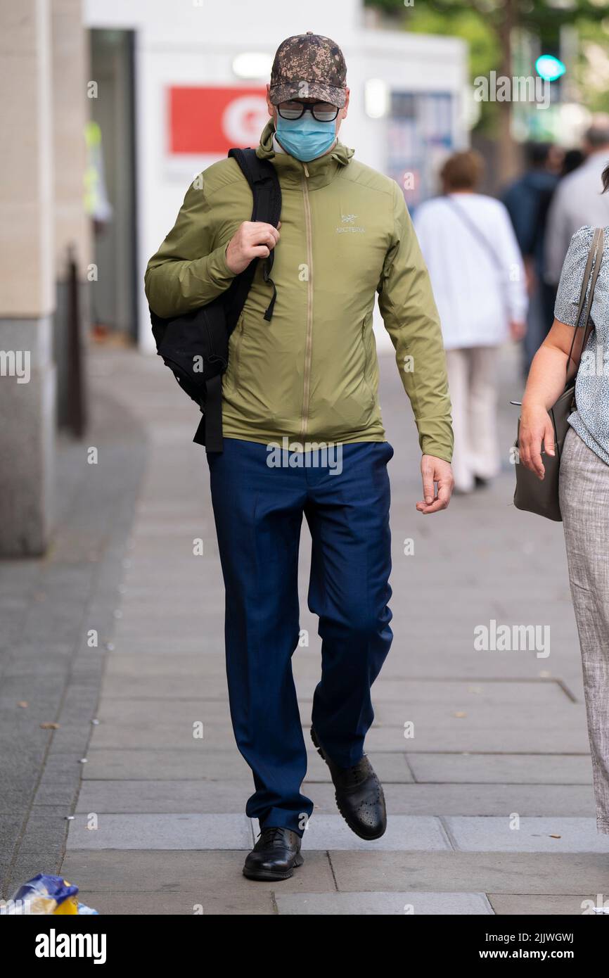 Former Metropolitan Police officer Joel Borders arriving at Westminster Magistrates' Court, London, where he is charged with sharing 'grossly offensive' WhatsApp messages with Sarah Everard murderer Wayne Couzens. Picture date: Thursday July 28, 2022. Stock Photo