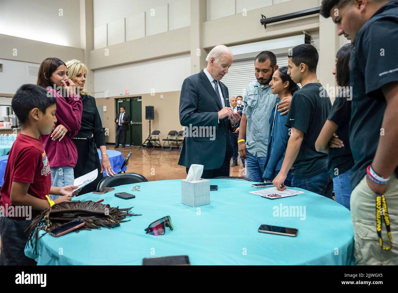 Uvalde, United States of America. 29 May, 2022. U.S President Joe Biden and first lady Dr. Jill Biden meet with families of the victims of the mass shooting at Robb Elementary School, May 29, 2022 in Uvalde, Texas. The school is the site where a gunman slaughtered 19 students and two teachers with a military style assault rifle.  Credit: Adam Schultz/White House Photo/Alamy Live News Stock Photo
