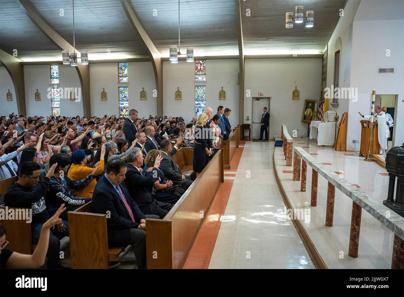 Uvalde, United States of America. 29 May, 2022. U.S President Joe Biden and first lady Dr. Jill Biden attend a mass at Sacred Heart Catholic for the children killed at Church Robb Elementary School, May 29, 2022 in Uvalde, Texas. The school is the site where a gunman slaughtered 19 students and two teachers with a military style assault rifle.  Credit: Adam Schultz/White House Photo/Alamy Live News Stock Photo