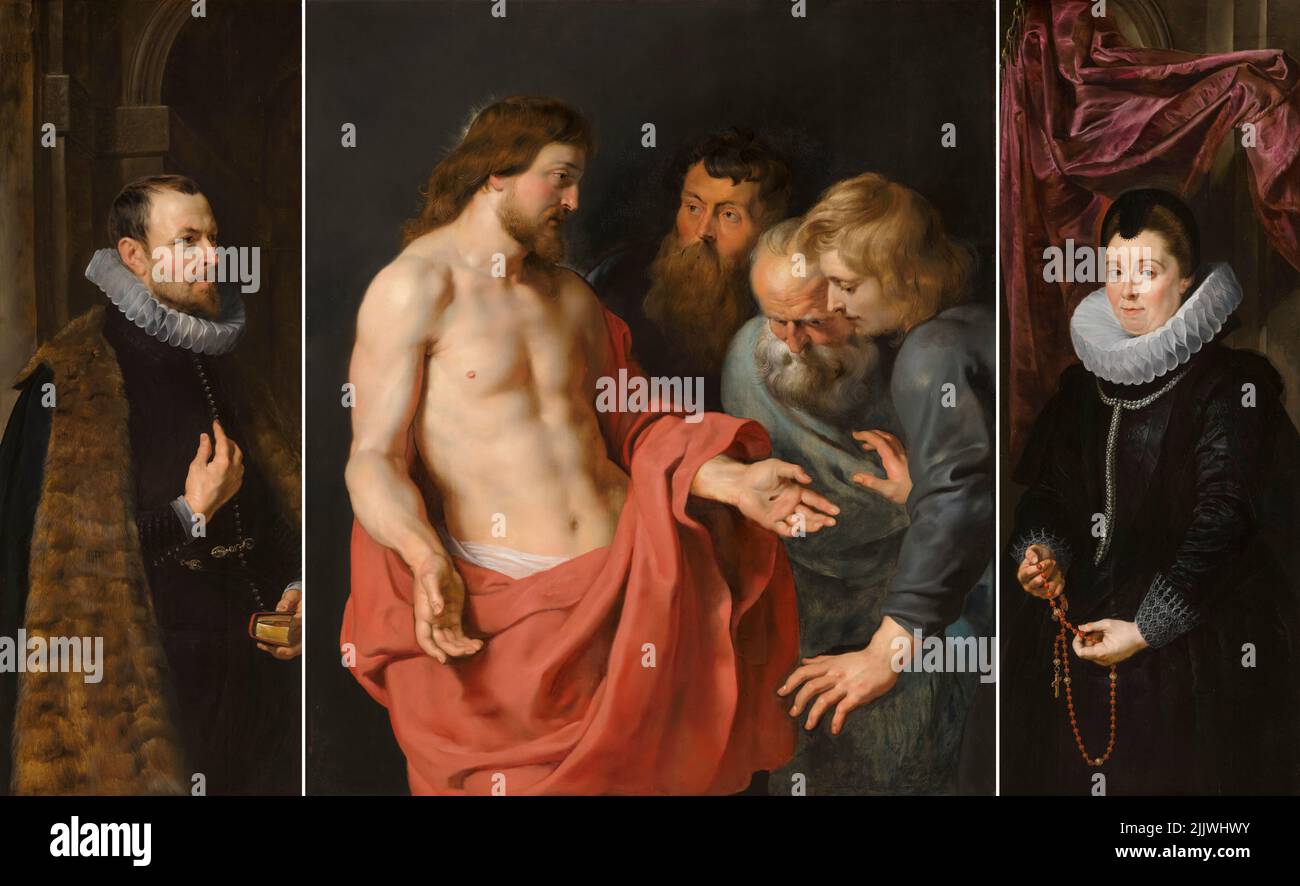 Peter Paul Rubens, The Incredulity of Thomas (Epitaph of Nicolaas Rockox and His Wife Adriana Perez), triptych painting in oil on panel, 1613-1615 Stock Photo