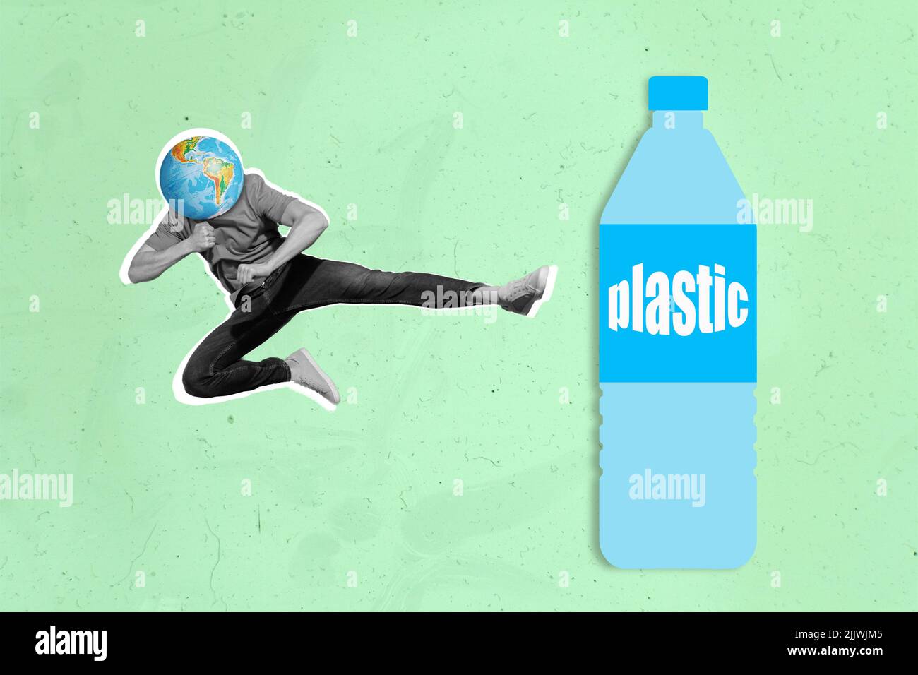 Concept collage of stopping plastic material earth pollution young guy
