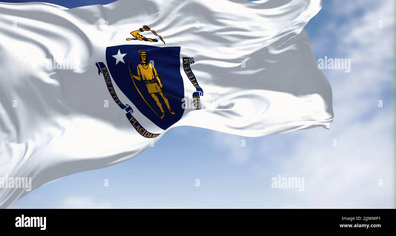 The US state flag of Massachusetts waving in the wind. Massachusetts is the most populous state in the New England region of the United States. Fabric Stock Photo