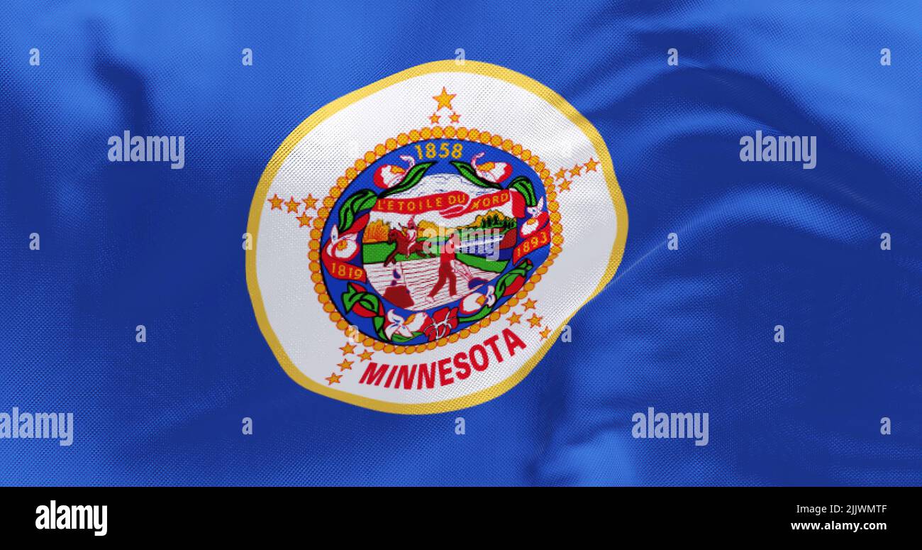The US state flag of Minnesota waving in the wind. Minnesota is a state in the upper midwestern region of the United States. Democracy and independenc Stock Photo