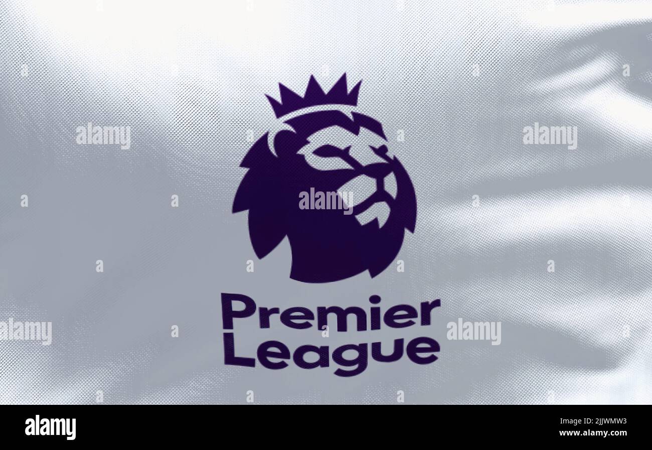 London, ENG, July 2022: Close-up of the Premier League flag waving in the wind. Premier League is the top level of the English football league system. Stock Photo