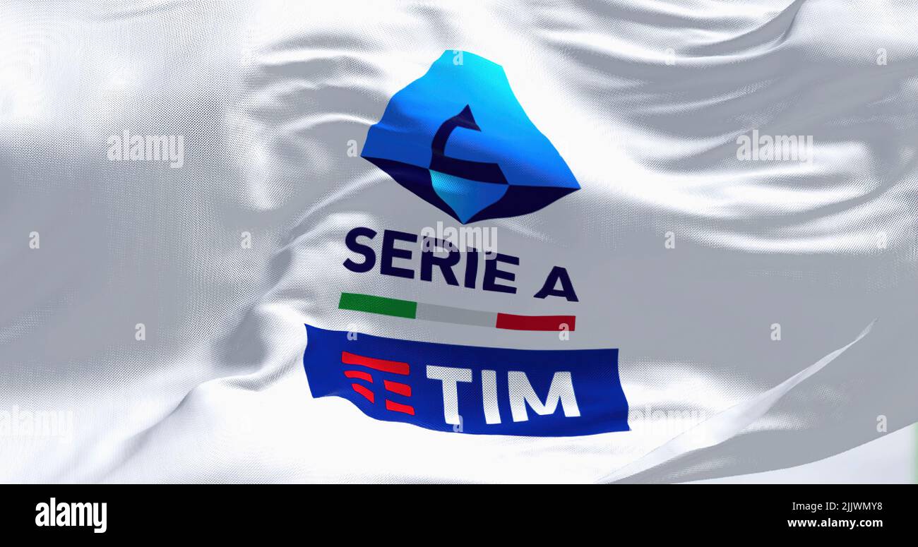 Rome, ITA, July 2022: Close-up of the Serie A TIM flag waving in the wind. Serie A Serie A is the top division of the Italian men football league. Fab Stock Photo