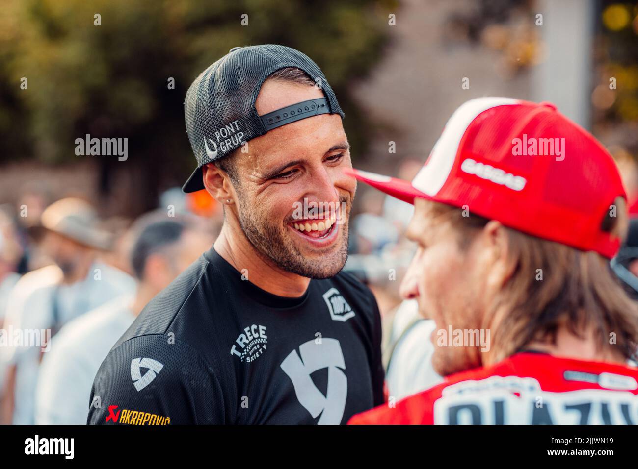 a laughing sportsman during Red Bull Romaniacs hard enduro Rallye - Prolog in Sibiu city, Romania Stock Photo