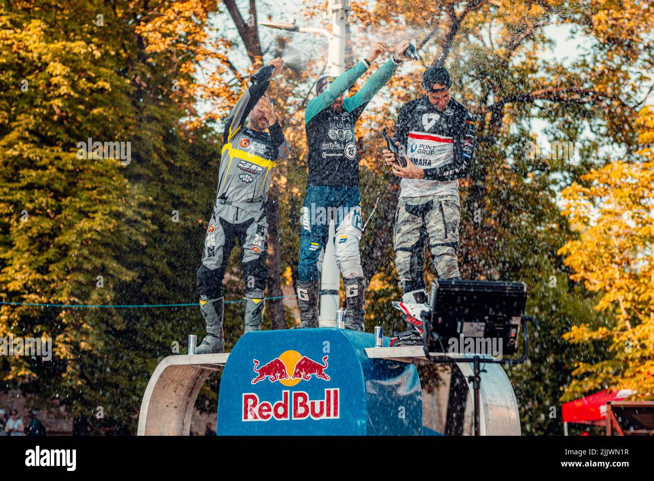 the winners celebrating their victory during Red Bull Romaniacs hard enduro Rallye - Prolog in Sibiu city, Romania Stock Photo