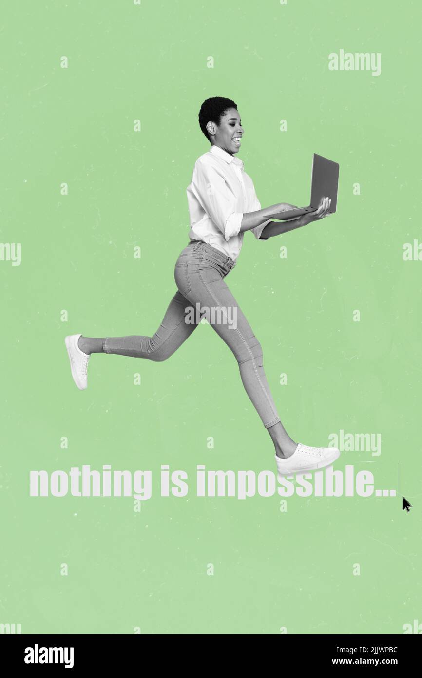 Vertical collage portrait of positive person black white gamma hold use netbook nothing is impossible text isolated on painted background Stock Photo